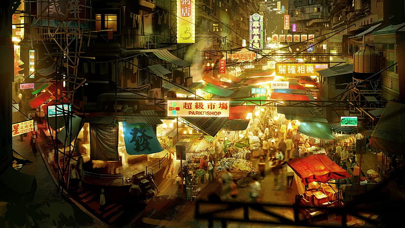 chinese street market, city, street, night, market, light, HD wallpaper