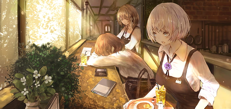 anime girls, lemonade, waitress, cafe, sunlight, windowsill, Anime, HD wallpaper