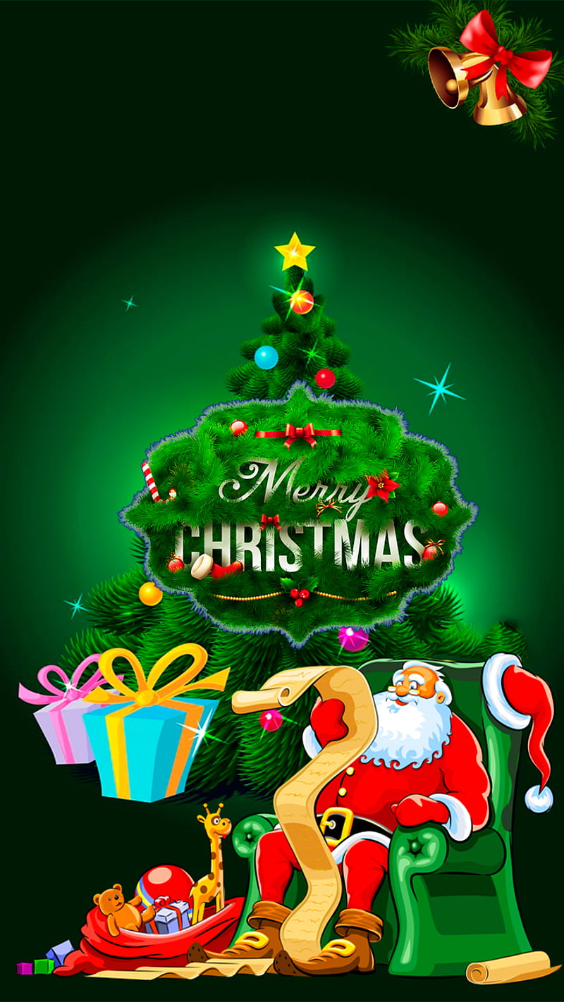 Merry Christmas 6, bell, gifts, green, holidays, merry christmas, santa, text, HD phone wallpaper