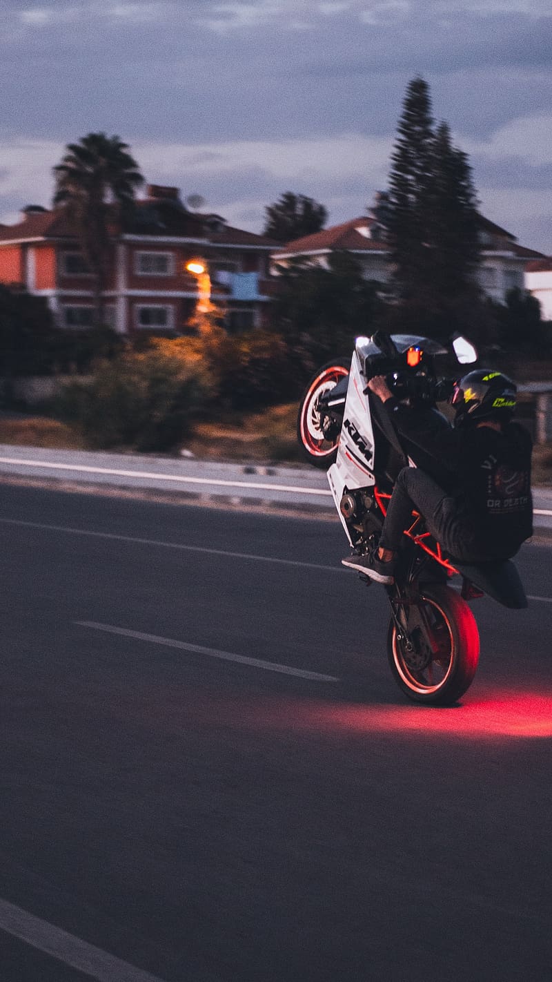 Ktm Rc Bike, Wheelie stunt, bike, riding, HD phone wallpaper