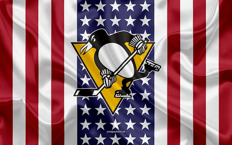 Pittsburgh Penguins logo, emblem, silk texture, American flag, American hockey club, NHL, Pittsburgh, Pennsylvania, USA, National Hockey League, ice hockey, silk flag, HD wallpaper