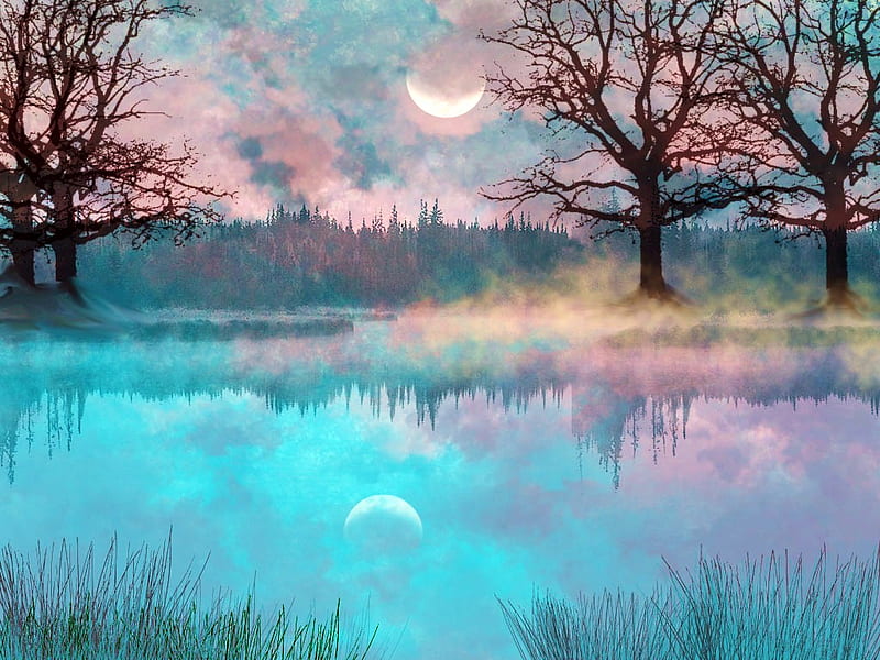 Lake of dreams, pink clouds, moon, crystal water, blue sky, reflections ...