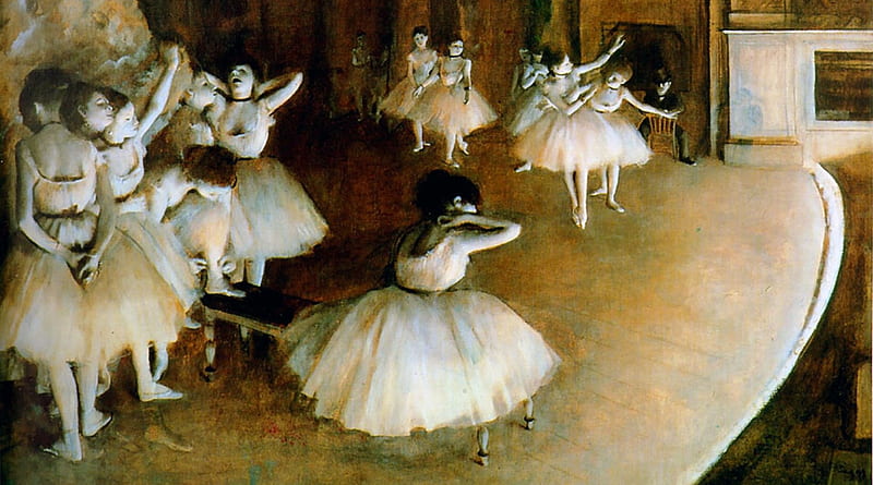Ballet Stage Rehearsal , art, old master, Edgar Degas, Degas, bonito, illustration, artwork, rehearsal, painting, ballet, wide screen, portrait, lady, oldmaster, HD wallpaper