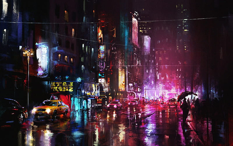 new york city, artwork, painting, artwork, raining, people, urban, City, HD wallpaper