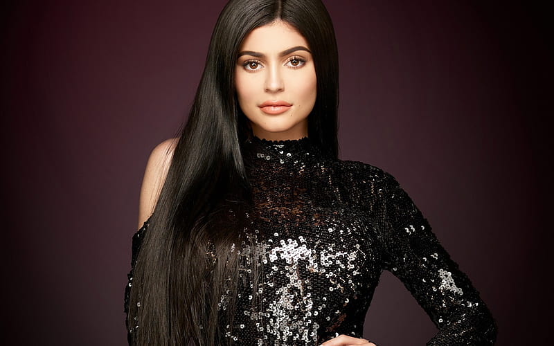 Kylie Jenner, portrait, brunette, fashion model, beautiful woman, black dress with sequins, american model, HD wallpaper