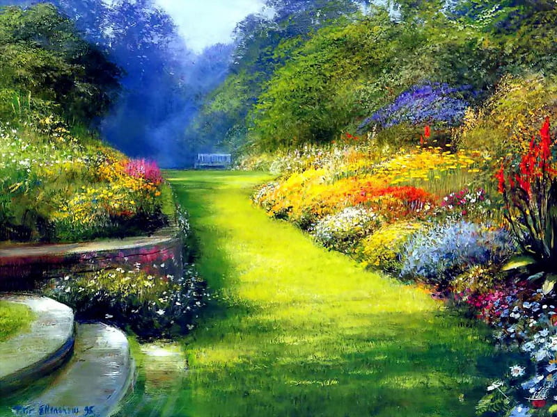 English garden, pretty, colorful, grass, bonito, fragrance, nice, english, painting, flowers, art, rest, lovely, relax, greenery, bench, scent, spring, park, trees, freshness, alleys, summer, garden, nature, HD wallpaper