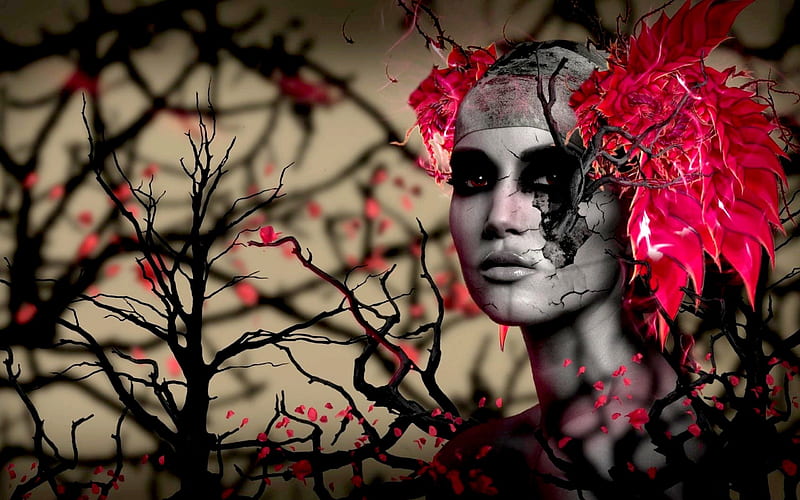 SPRING GOTHIC, Trees, Branches, Girl, Flowers, Gothic, style make up, HD wallpaper
