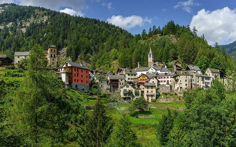 small Swiss town, Alps, mountains, summer, forest, mountain landscape, Switzerland, HD wallpaper