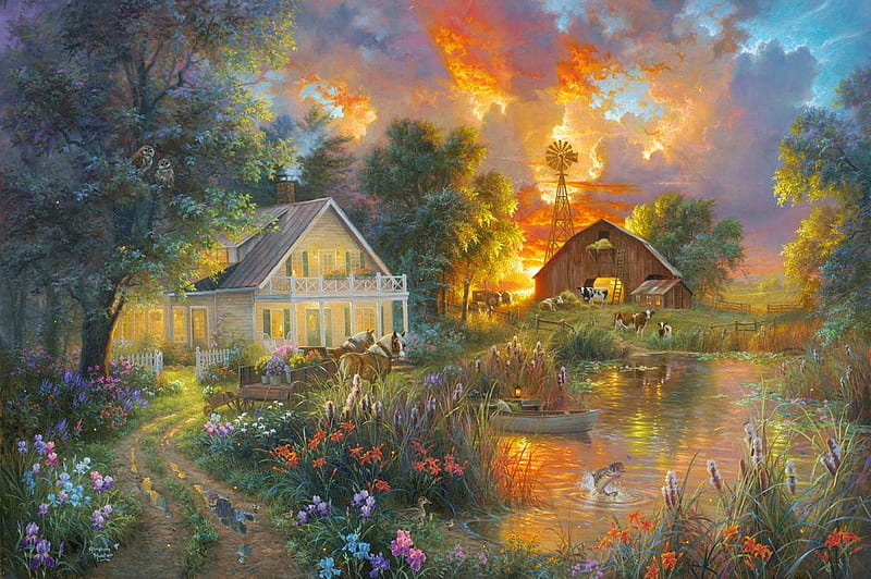 Spring's Promise, fish, cottage, cart, sunset, clouds, sky, horses, barn, artwork, pond, painting, flowers, cows, HD wallpaper