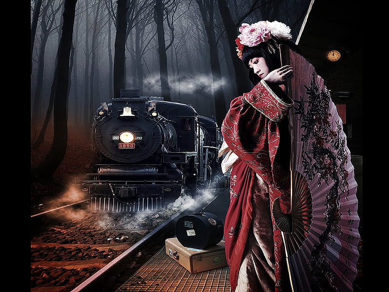Orient Express, red, clock, trees, train, girl, oriental, dark, hot, tracks, HD wallpaper