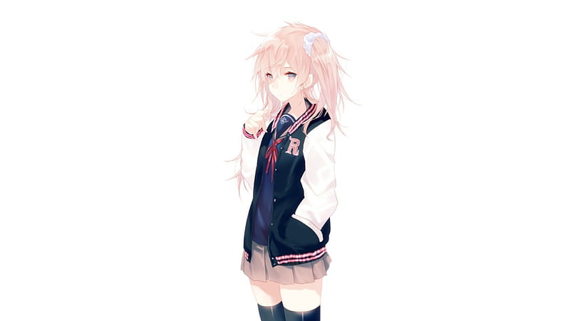 Schoolgirl, pink eyes, female, ribbon, skirt, white background, cute, cool, anime, thigh, anime girl, long hair, pink hair, light, college jacket, school uniform, HD wallpaper