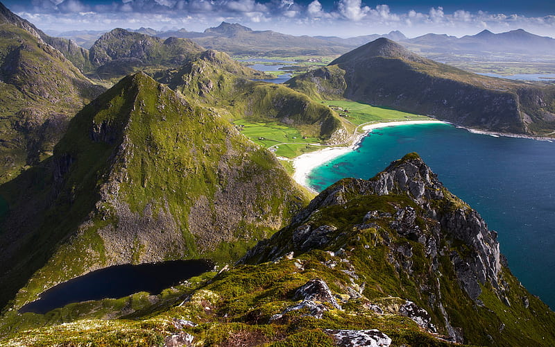 Lofoten, Norwegian Sea, coast, island, summer, mountain landscape, Norway, HD wallpaper