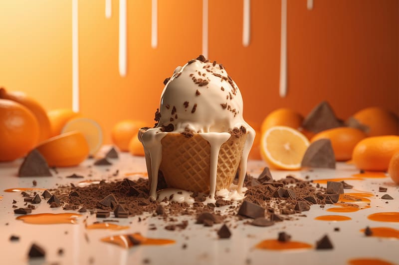Ice cream, Orange, Oranges, Chocolate chips, Waffle cone, Melting, Dessert, HD wallpaper
