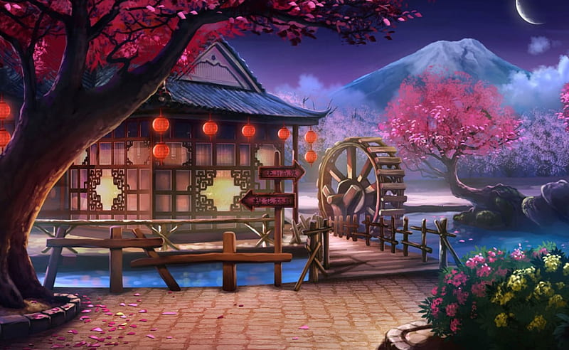 Japanese Shrine, pretty, windmill, house, scenic, lantern, mill, home, bonito, sweet, nice, anime, painting, beauty, scenery, lovely, building, nature, scene, HD wallpaper