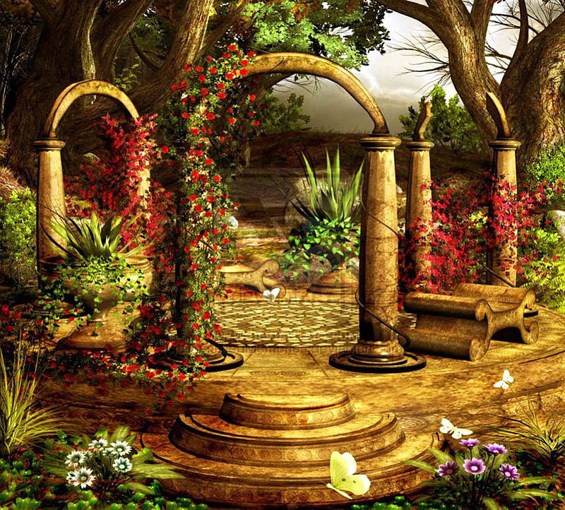Fantastic Garden, rosebow, butterfly, flowers, blossoms, roses, artwork, pillar, HD wallpaper