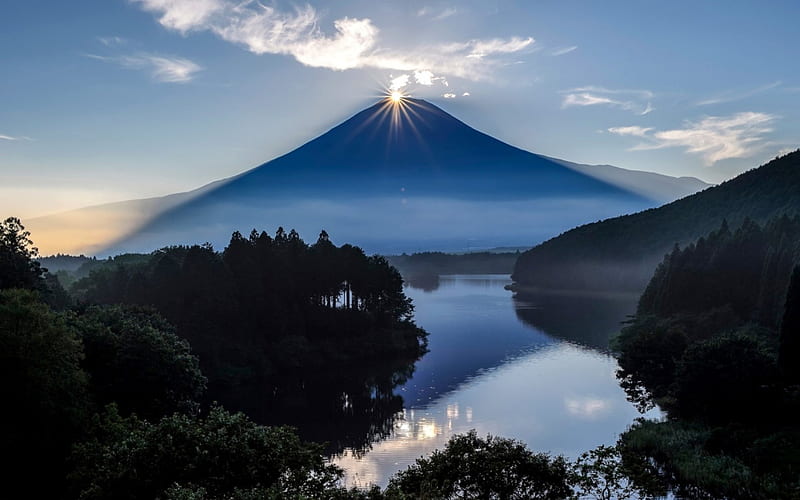 magnificent sunrise over mt fuji, mountain, tree, sunrise, volcano, lake, HD wallpaper