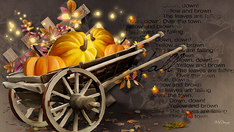 Harvest Wagon, fall, autumn, glow, lights, farm, leaves, poem, pumpkin, wheel, vintage, text, harvest, poetry, country, abstract, wagon, garden, HD wallpaper