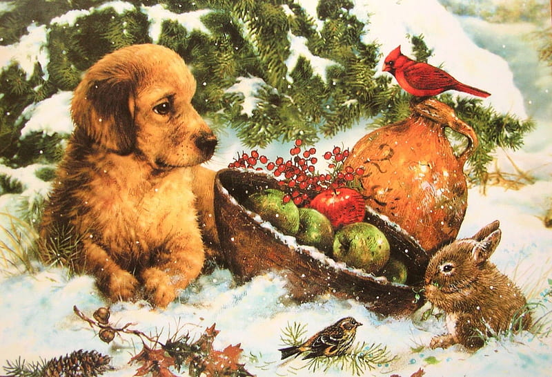 art, craciun, christmas, caine, winter, fruit, snow, bird, painting, bunny, greg giordano, pictura, dog, puppy, HD wallpaper