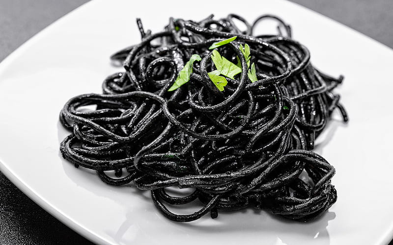 black spaghetti, black pasta, plate with pasta, pasta, dishes with spaghetti, HD wallpaper