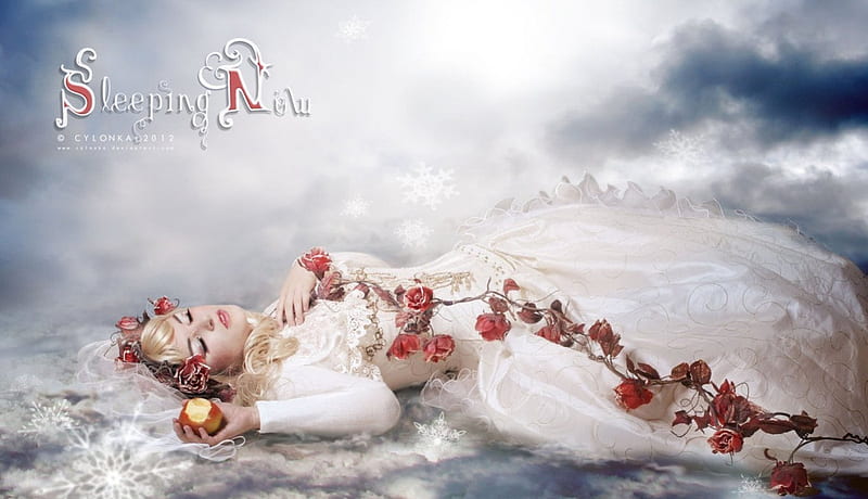 Snow White, apple, roses, sleeping, fantasy, beauty, lady, white, princess, HD wallpaper