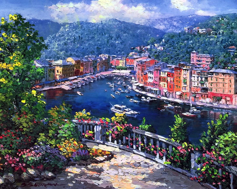 Portofino, Italy, pretty, colorful, Italy, bonito, Portofino, sea, mountain, nice, boats, painting, village, flowers, river, blue, art, lovely, view, high, town, country, lake, terrace, tree, summer, nature, HD wallpaper