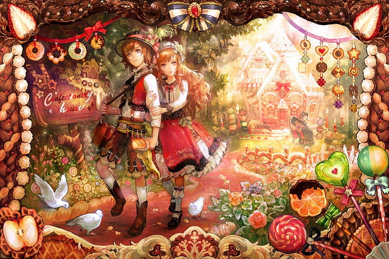 Confectionery house, red, witch, brother, autumn, house, sweets, halloween, sorceress, yellow, fantasy, anime, pink, couple, art, manga, hansel anf gretel, realm, cute, boy, girl, purple, sister, HD wallpaper