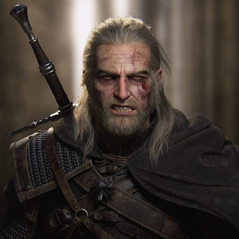 Massimiliano Bianchini, face, hair , teeth, angry, depth of field, portrait, looking at viewer, Scar on Eye, The Witcher, The Witcher 3, white hair, video game man, beards, beard, blood, sword, The Witcher 3: Wild Hunt, Geralt of Rivia, fan art, artwork, video games, digital art, CGI, 3D, video game characters, pendant, frontal view, leather armor, ArtStation, HD phone wallpaper