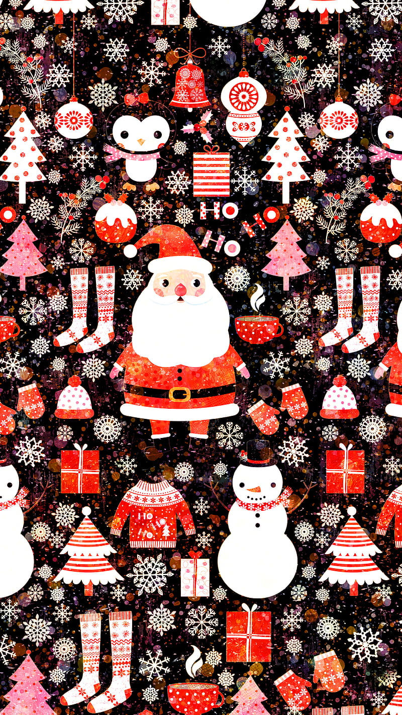 Cute Christmas Pattern, Adoxali, Claus, Noel, Santa, animal, background, cake, cocoa, day, foliage, hat, holiday, holly, illustration, kawaii, merry, mittens, new year, ornament, penguin, present, pudding, retro, season, seasonal, snowflake, snowman, stocking, tree, winter, xmas, HD phone wallpaper