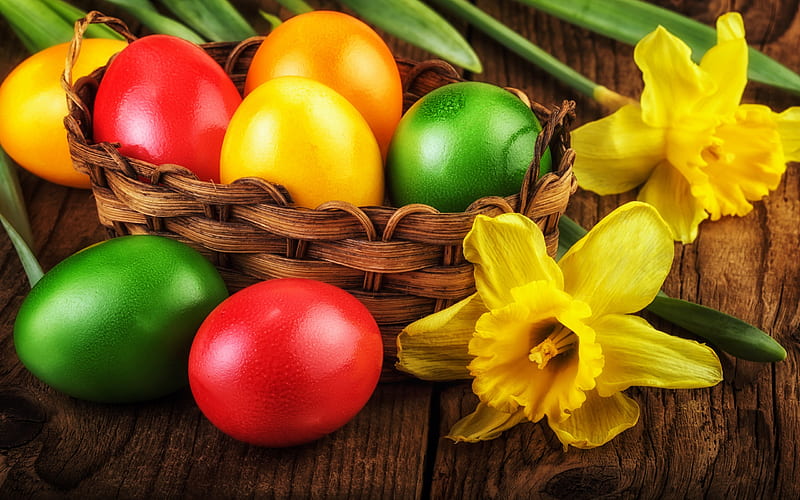 Easter eggs, yellow daffodils, spring flowers, Easter, basket, decoration, HD wallpaper