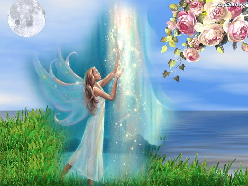 Fairy Dust, fantasy, moon, water, grass, flowers, fairy, HD wallpaper