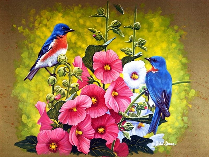 Pájaros y flores, pintura, flores, pájaros cantores, colores, pétalos, obra  de arte, Fondo de pantalla HD | Peakpx