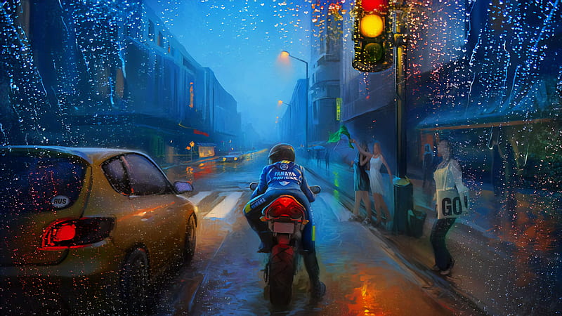 Rain Racing, biker, rain, artist, artwork, digital-art, HD wallpaper