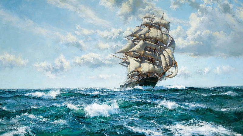 sailing ship, ocean, clouds, painting, artwork, Fantasy, HD wallpaper