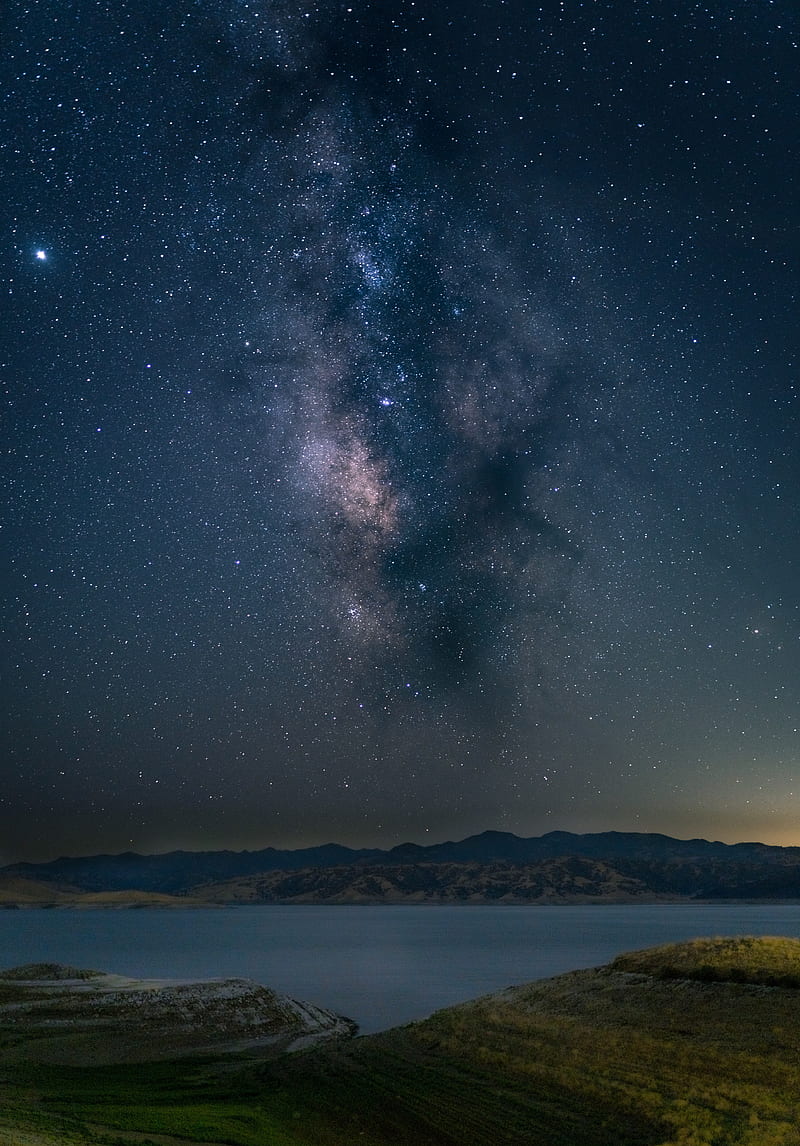 lake, mountains, starry sky, night, landscape, HD phone wallpaper
