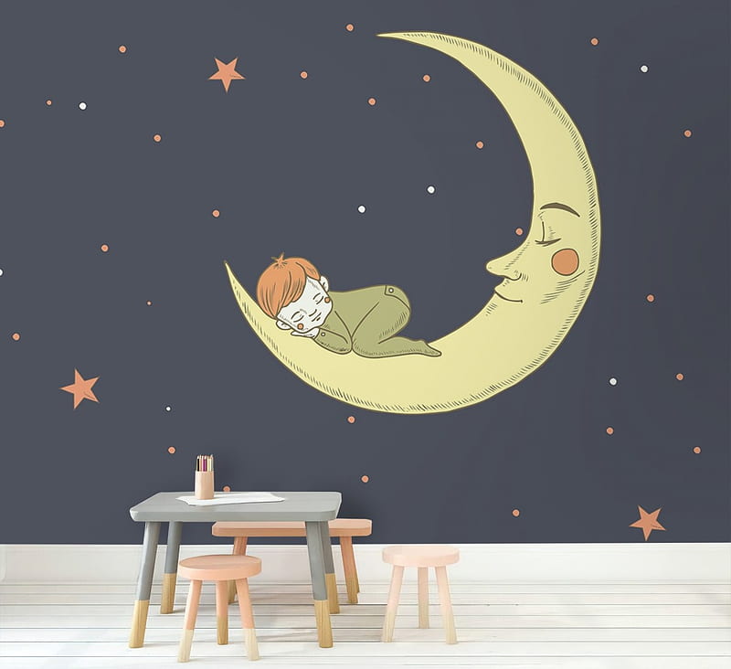 Mural luna de dibujos animados con niño pequeño y cielo nocturno - •  wallmur®, Fondo de pantalla HD | Peakpx