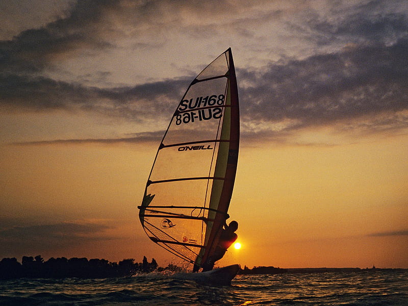 Sunset sail, sun, graphy, windsurf, sail, HD wallpaper