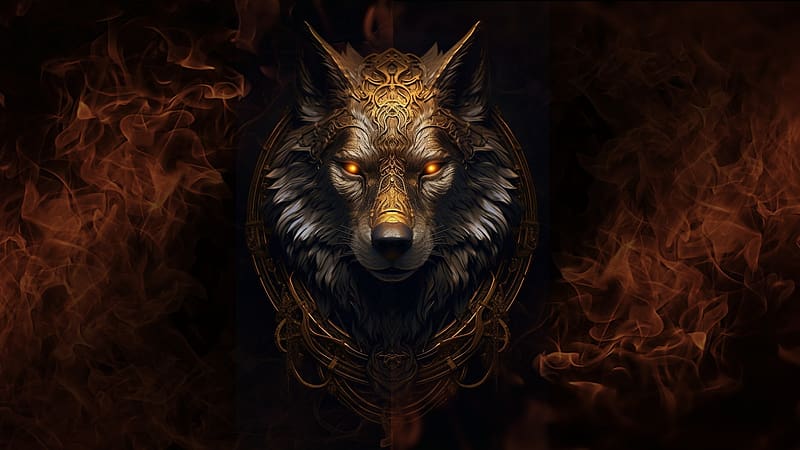 Wolf, fantasy, art, yellow, fire, gold, lup, dark, HD wallpaper