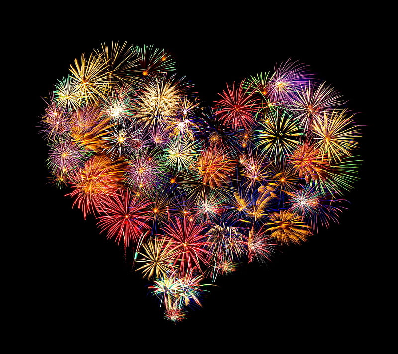 Fireworks Heart, colorful, happy, love, new year, HD wallpaper