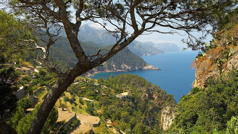 coastal mountains on belearic islands spain, villages, mountains, forests, coast, sea, HD wallpaper