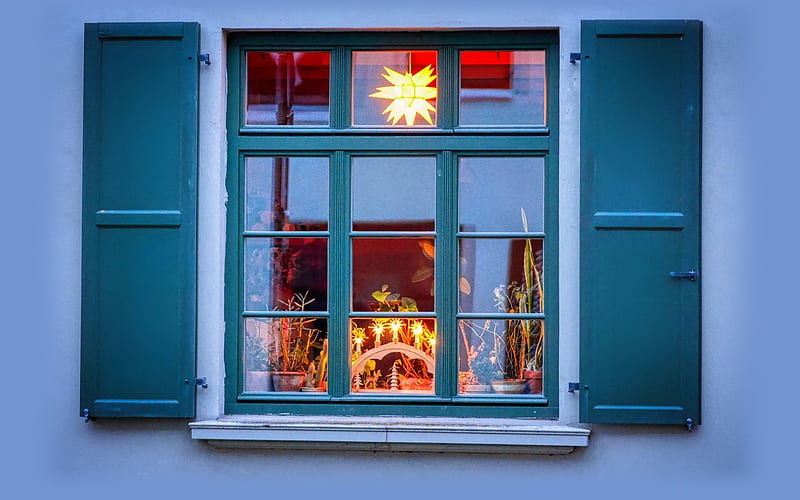 Christmas Mood, shutters, window, decorations, Christmas, house, blue, HD wallpaper