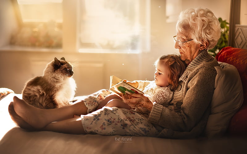 Happy Childhood, grandma, cat, girl, childhood, book, HD wallpaper