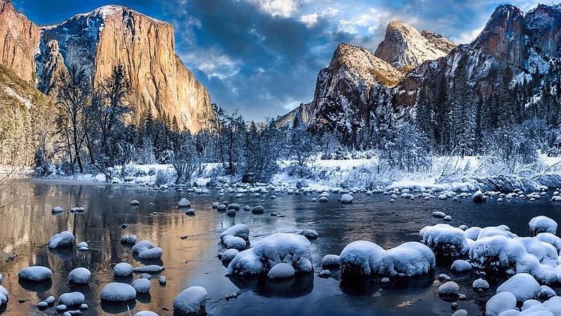 Sunrise After A Winter Storm, Yosemite Valley, California, usa, river, water, landscape, snow, mountains, sky, rocks, clouds, HD wallpaper