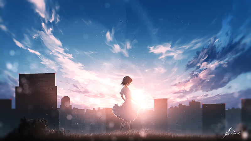 Anime, Original, Girl, Short Hair, Sky, Sunset, HD wallpaper | Peakpx