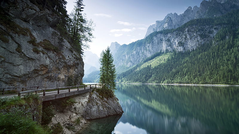 austria, river, reflection, scenery, mountains, bridge, Landscape, HD wallpaper