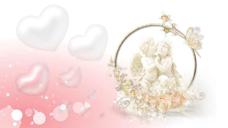 Kiss an Angel, valentines day, romantic, romance, corazones, angels, butterfly, statue, love, flowers, pink, HD wallpaper