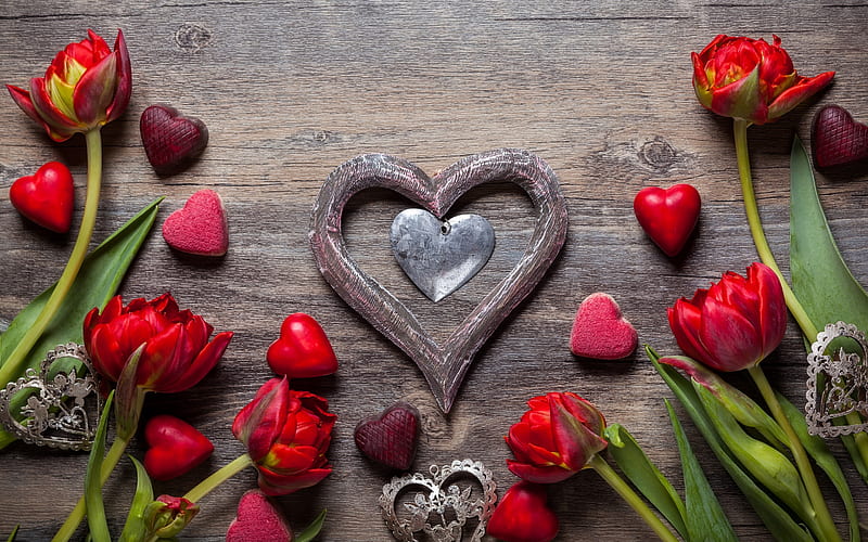Valentines Day, romance, red flowers, red hearts, pendant, HD wallpaper