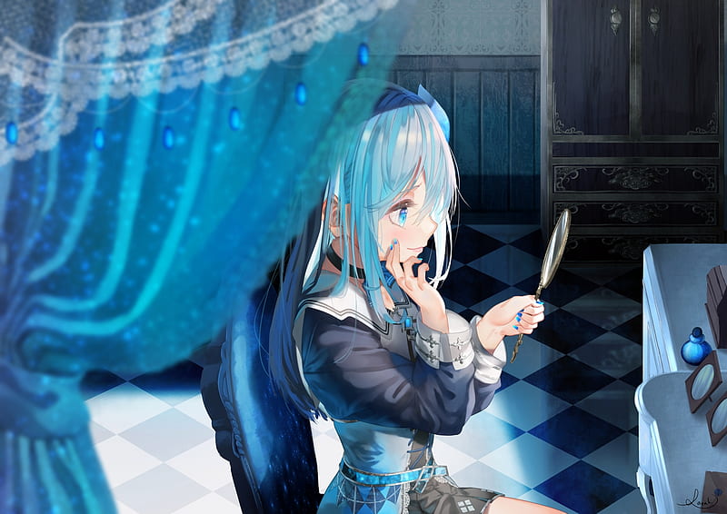 vocaloid, hatsune miku, mirror, smiling, room, blue curtain, Anime, HD wallpaper