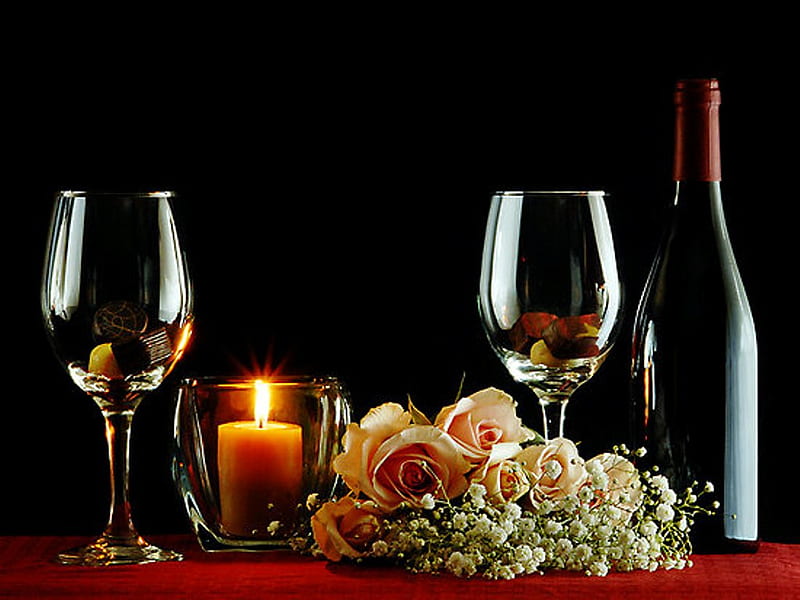 Romantic evening, candle, romance, bottle, wine, chocolate, glasses, roses, bottle of wine, bouquet, love, evening, HD wallpaper