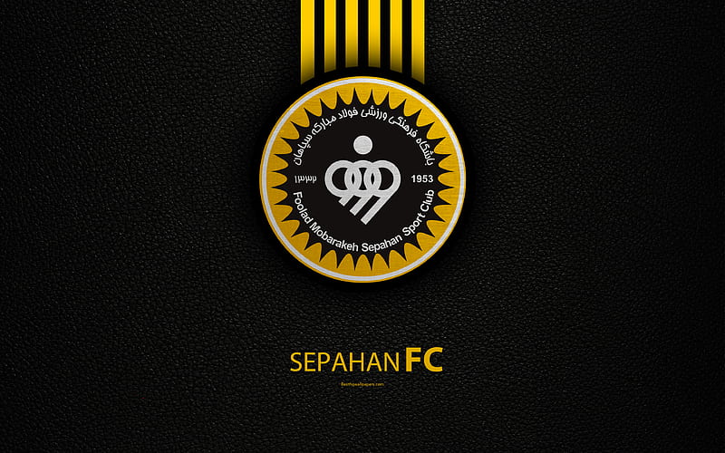 Sanat Naft Abadan FC logo, leather texture, Iranian football club, emblem,  yellow blue lines, HD wallpaper