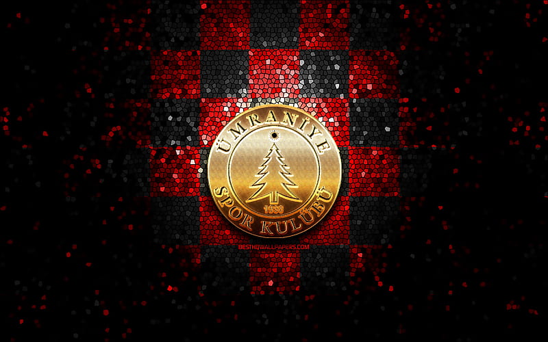 Umraniyespor FC, glitter logo, 1 Lig, red black checkered background, soccer, turkish football club, Umraniyespor logo, mosaic art, TFF First League, football, Umraniyespor, HD wallpaper